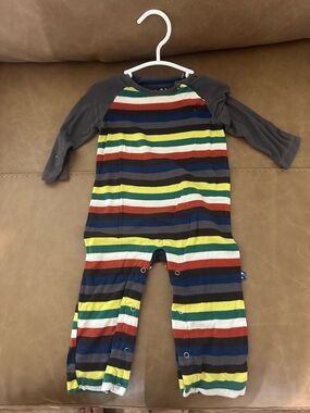 Kickee Pants navy sleeve striped one-piece in yellow, green, blue, red, white